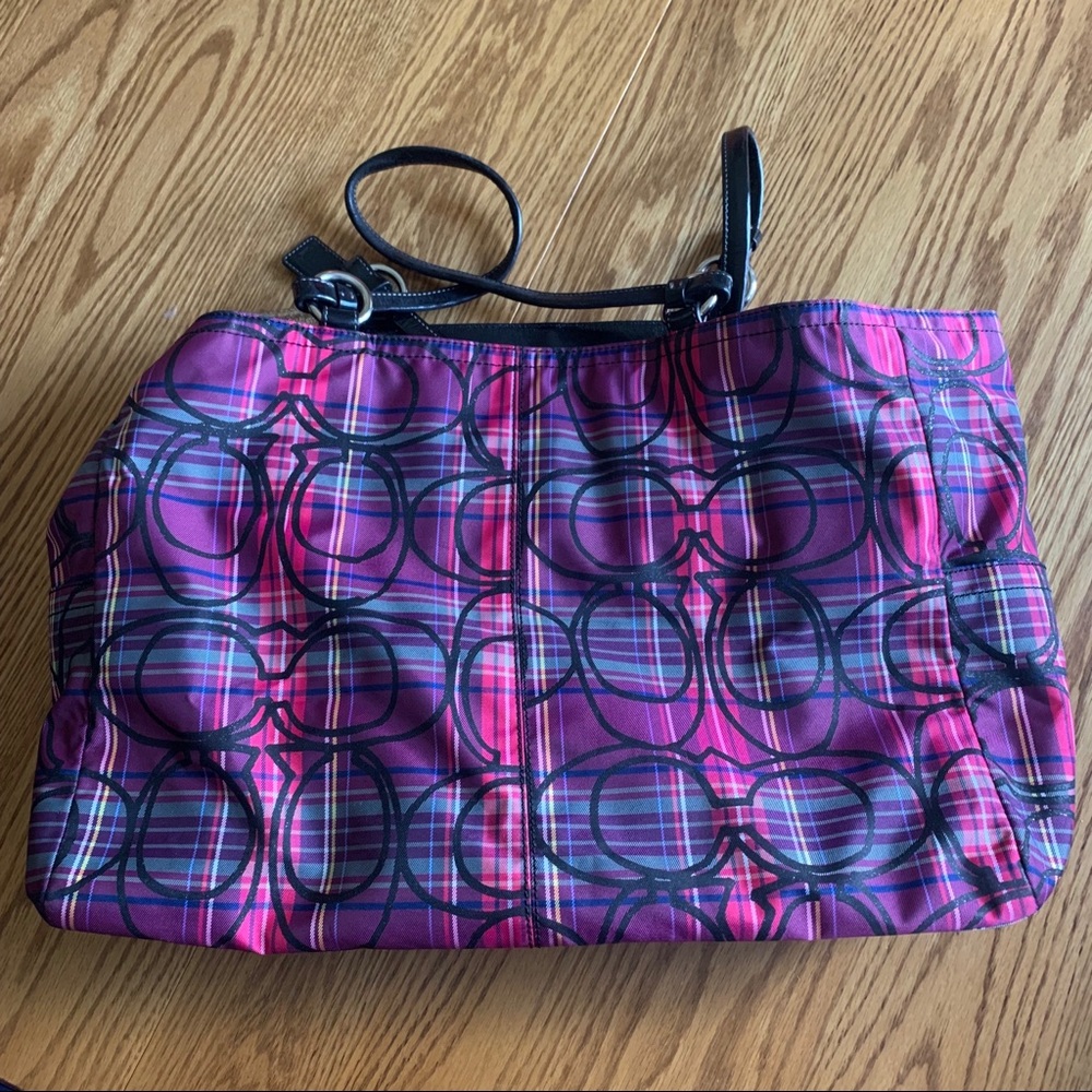 Coach Pink and Black Plaid Tote Bag